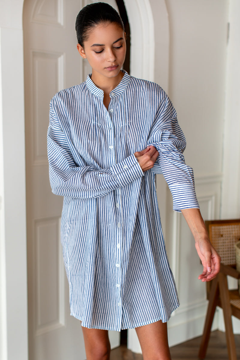 Mandarin Collar Shirtdress - Blue Indigo Stripe Organic - Emerson Fry Mandarin Collar Shirtdress - Blue Indigo Stripe Organic - Emerson Fry