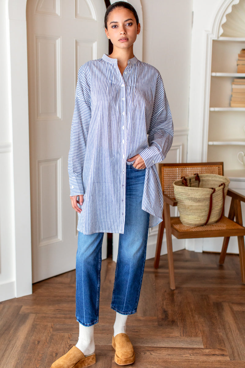 Mandarin Collar Shirtdress - Indigo Stripe Organic