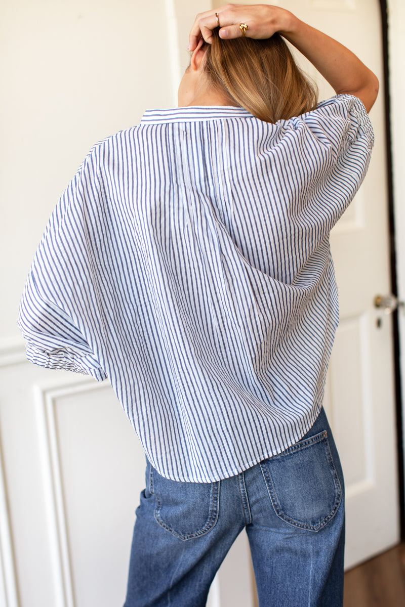 Mandarin Collar Top - Indigo Stripe Organic