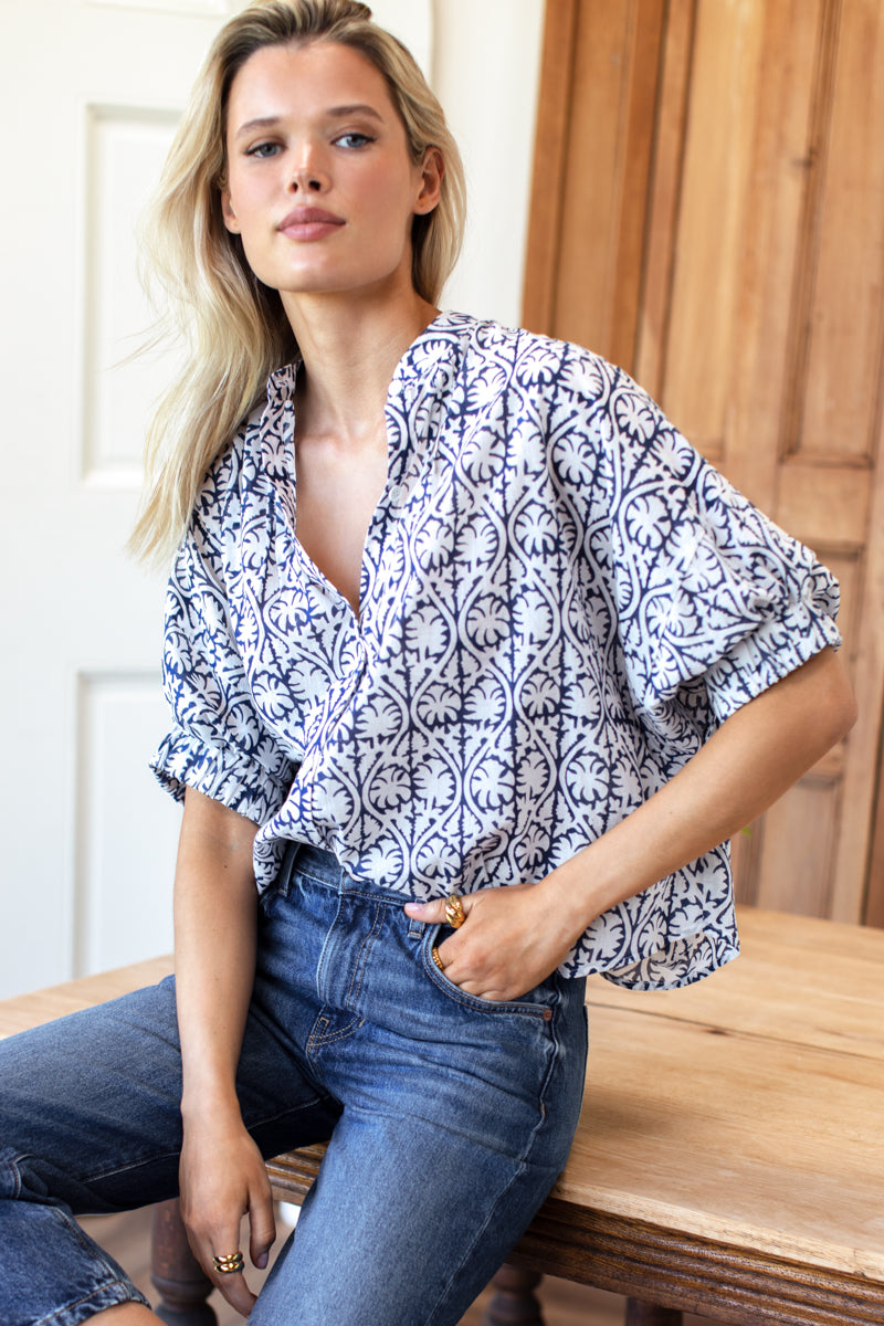 Mandarin Collar Top - Etoile Vines Indigo Organic