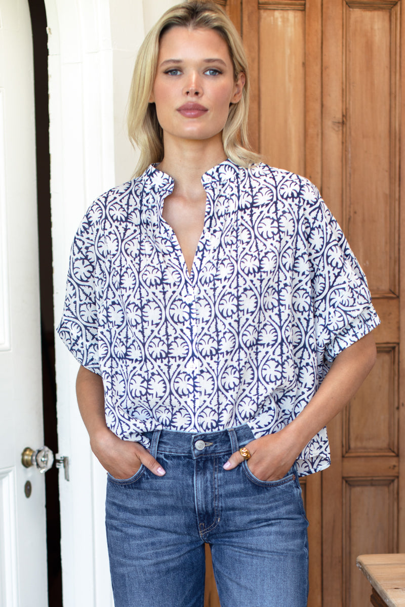 Mandarin Collar Top - Etoile Vines Indigo Organic