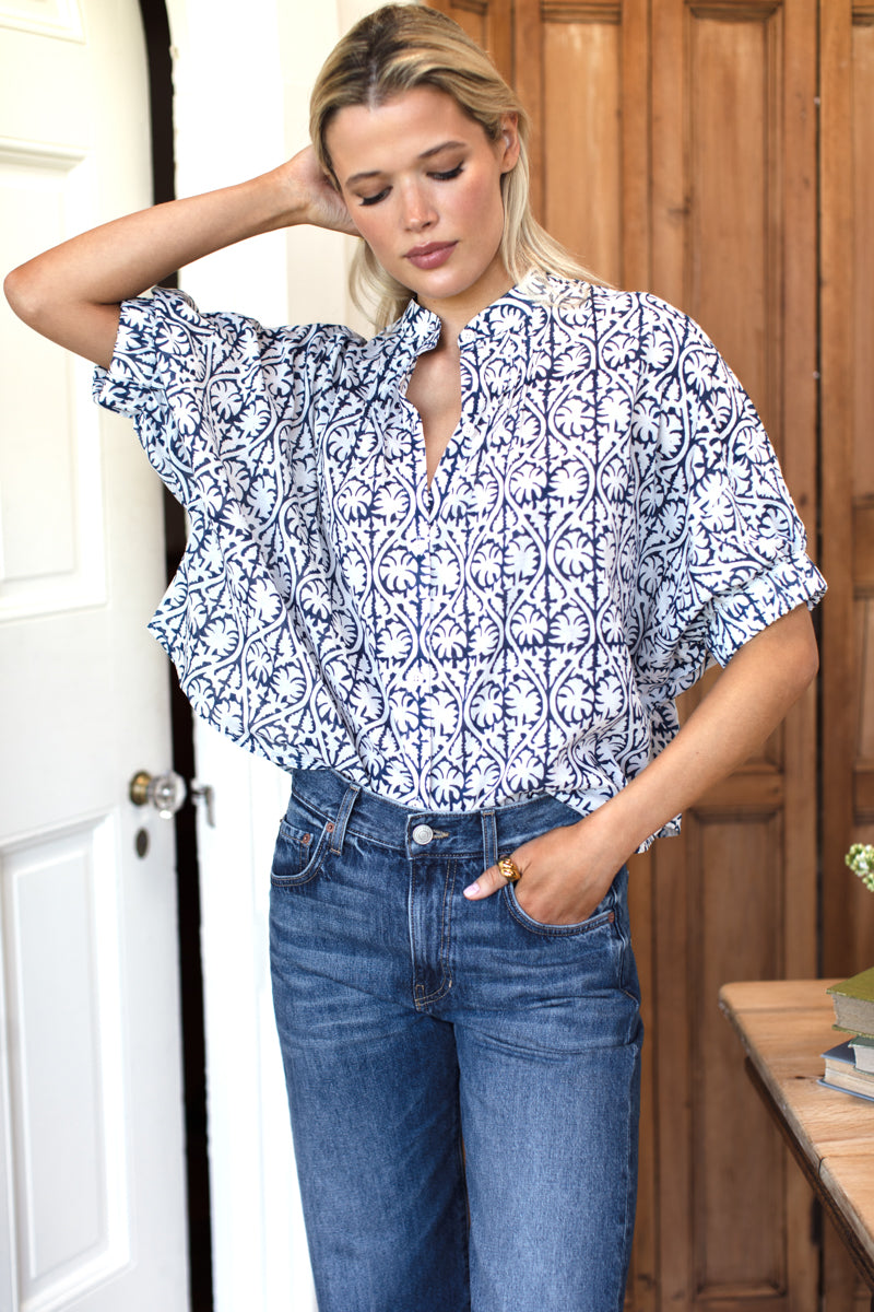 Mandarin Collar Top - Etoile Vines Indigo Organic