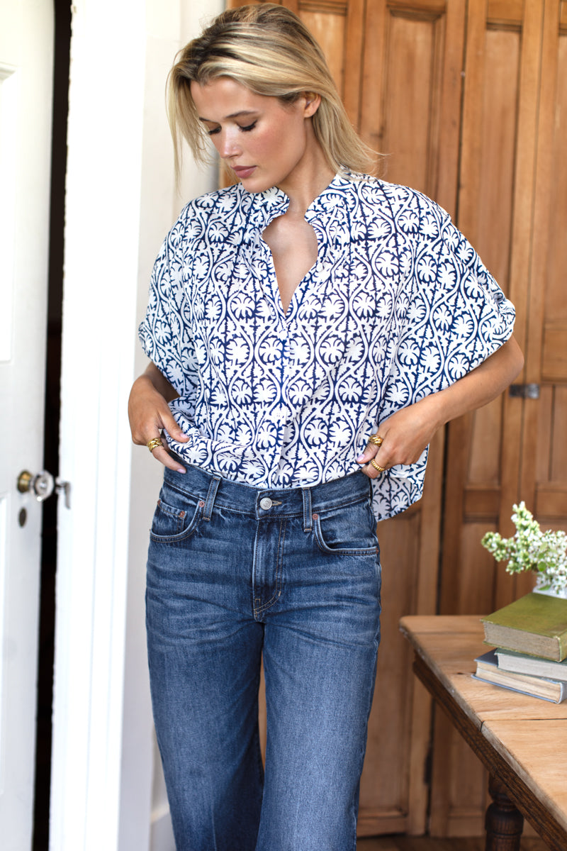 Mandarin Collar Top - Etoile Vines Indigo Organic