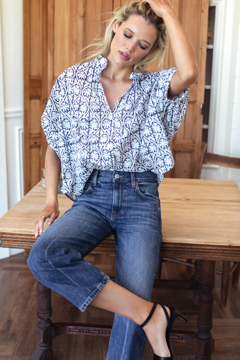 Mandarin Collar Top - Etoile Vines Indigo Organic
