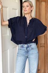 Mandarin Collar Top - Maritime Swiss Dot Organic - Emerson Fry