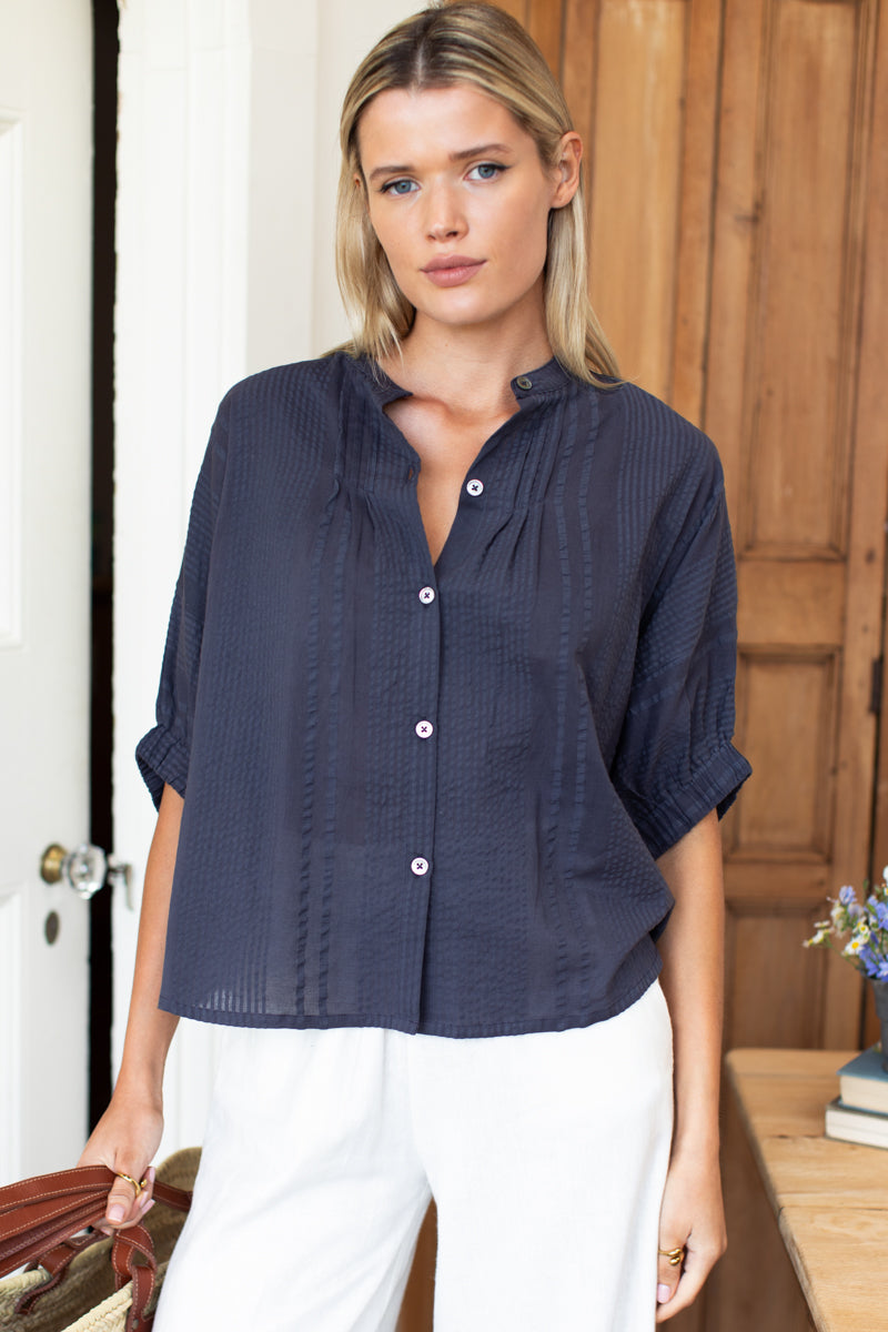 Mandarin Collar Top - Midnight Seersucker Organic