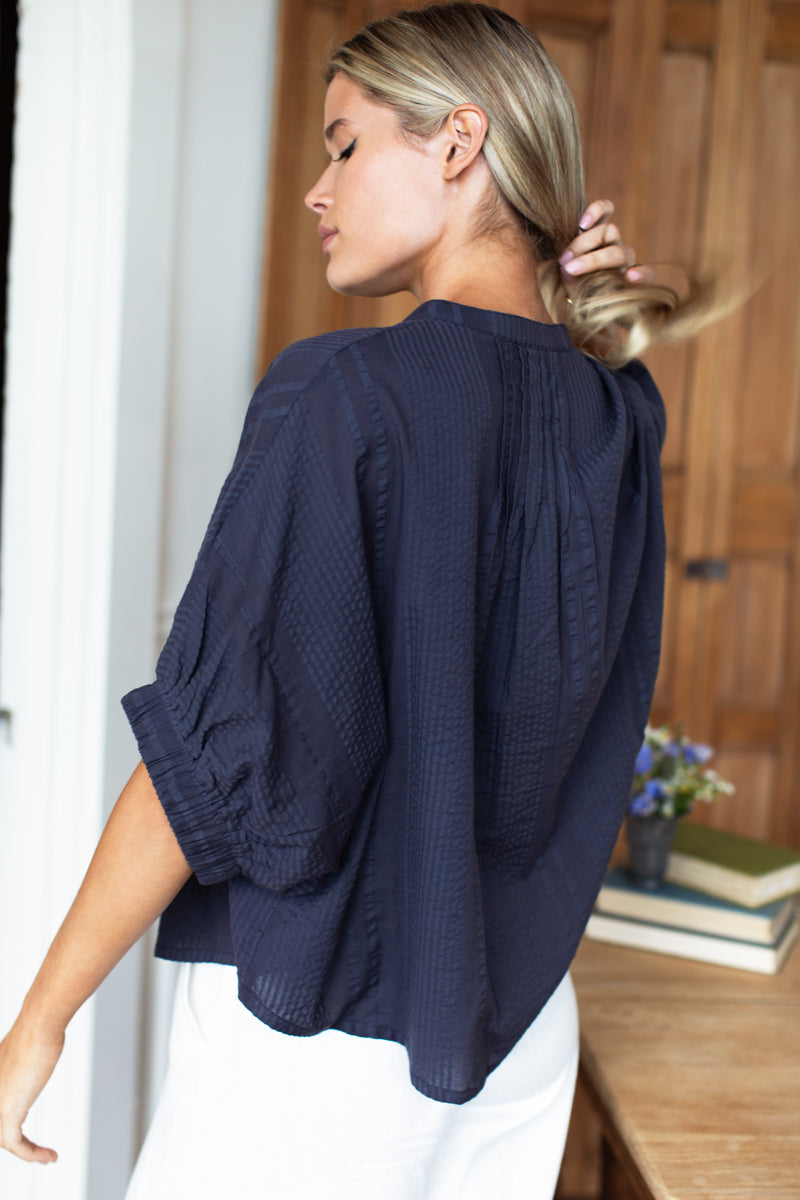 Mandarin Collar Top - Midnight Seersucker