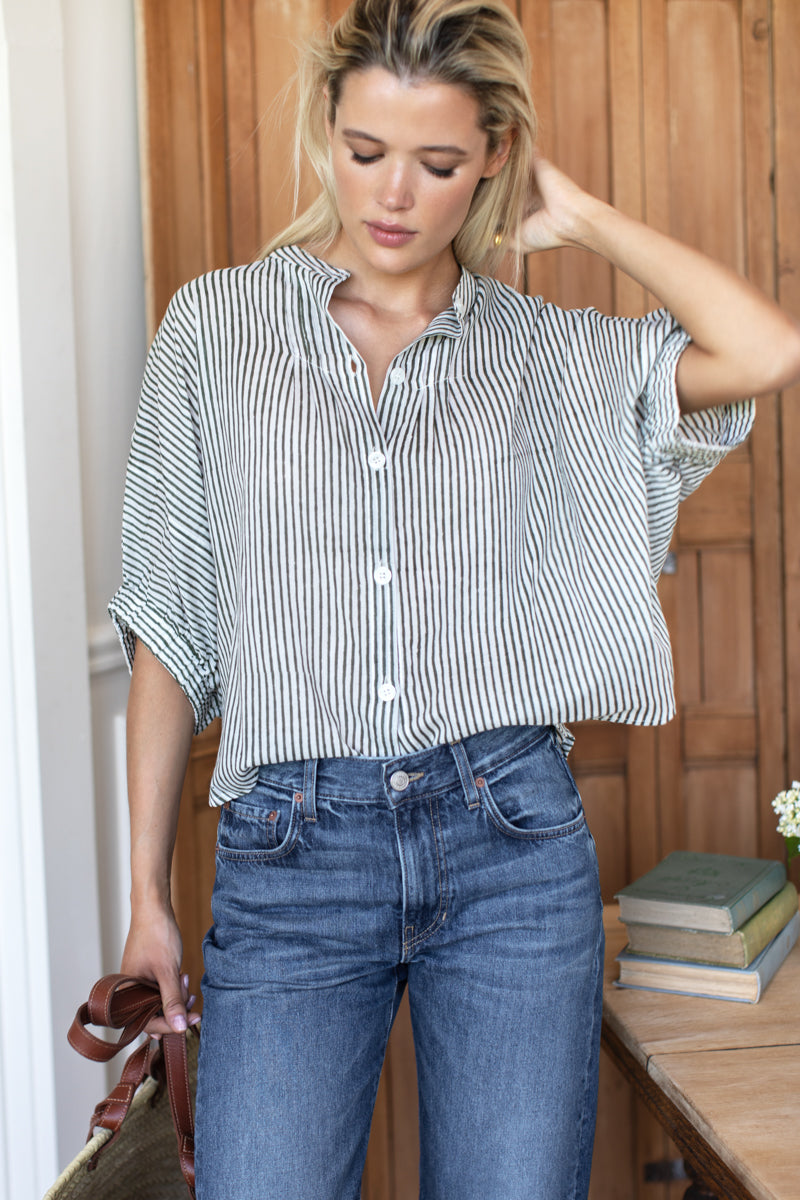 Mandarin Collar Top - Moss Stripe Organic