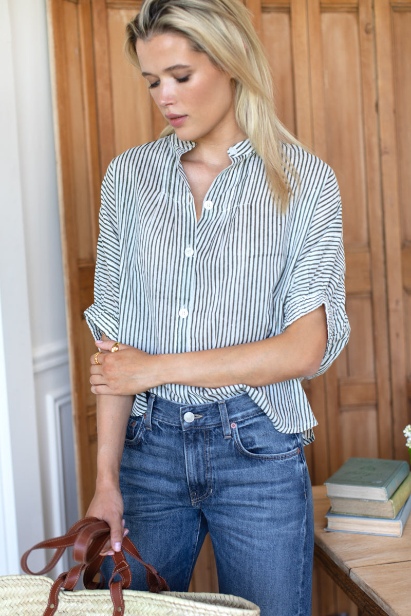 Mandarin Collar Top - Moss Stripe Organic