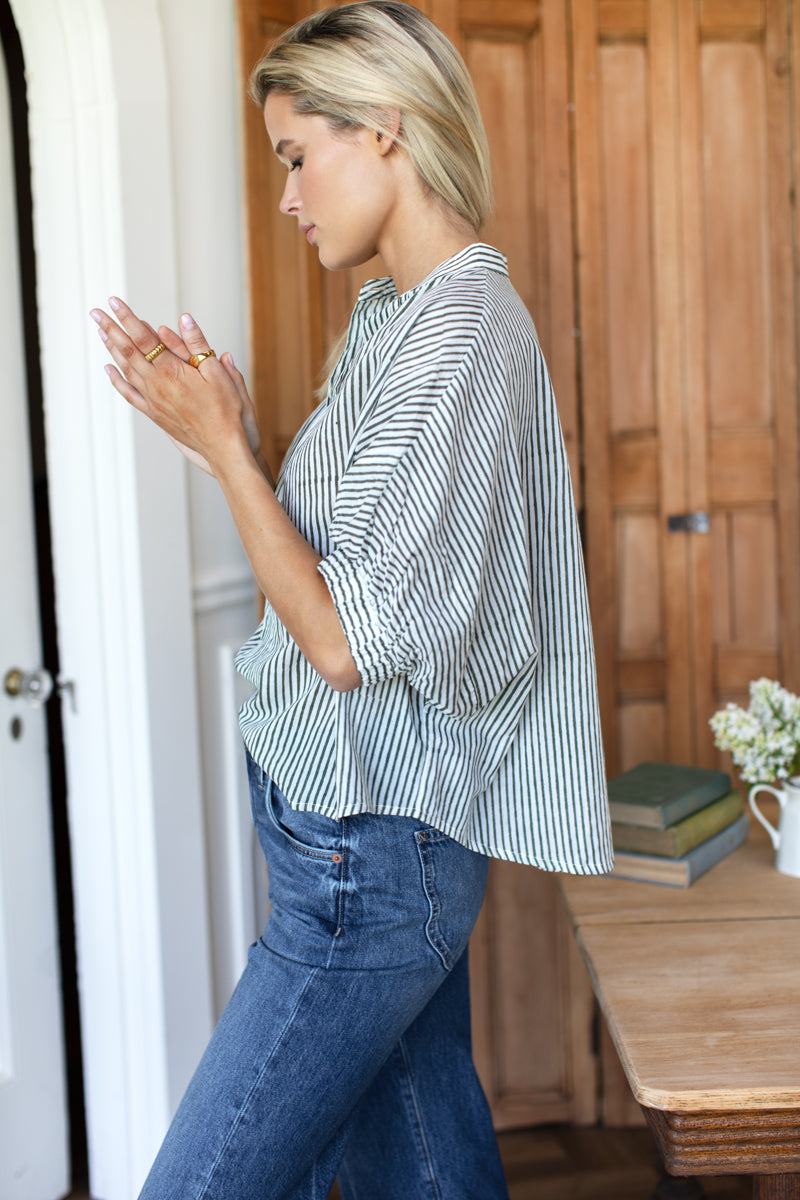 Mandarin Collar Top - Moss Stripe Organic