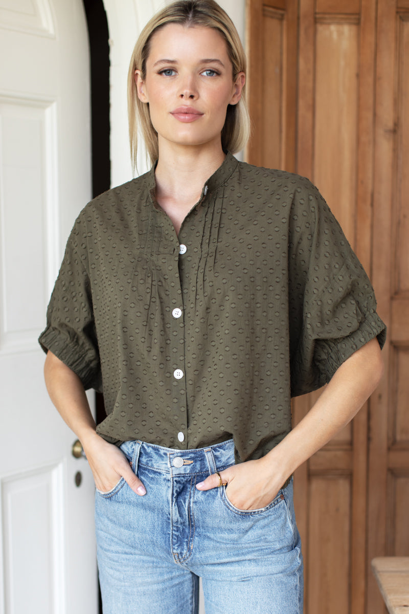 Mandarin Collar Top - Moss Swiss Dot Organic