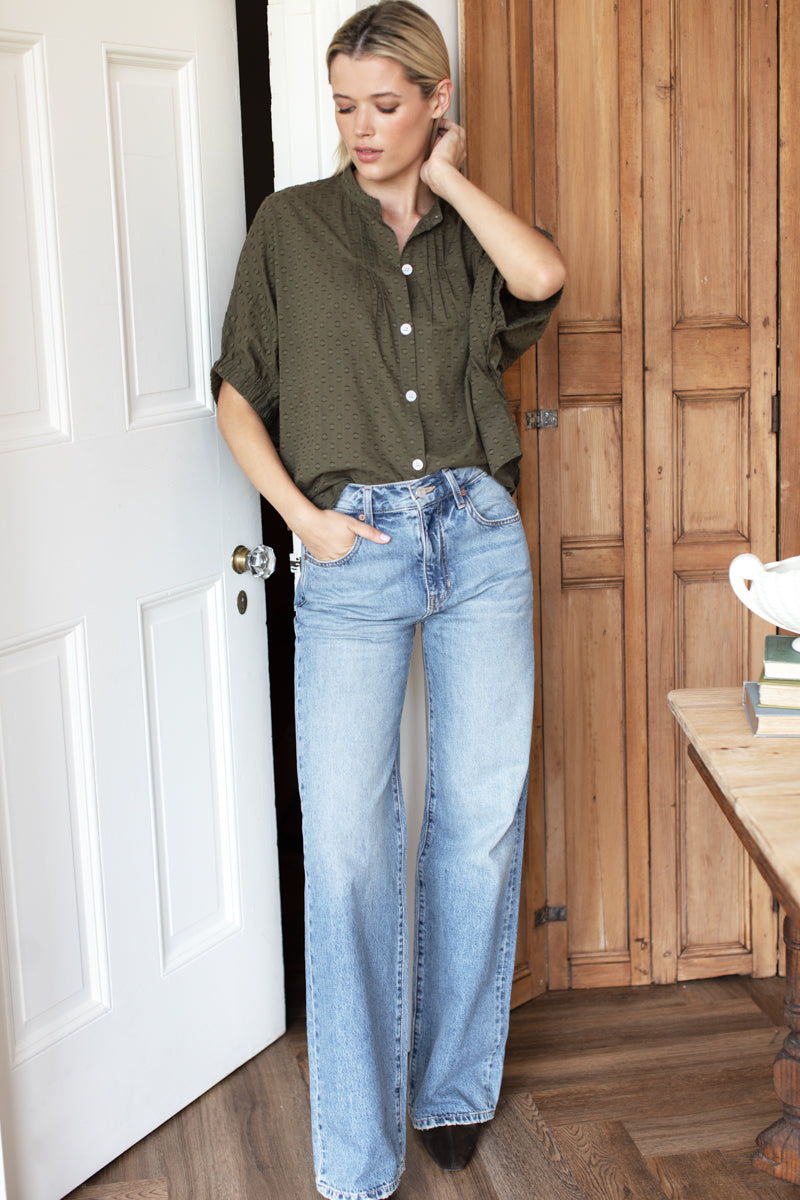 Mandarin Collar Top - Moss Swiss Dot Organic