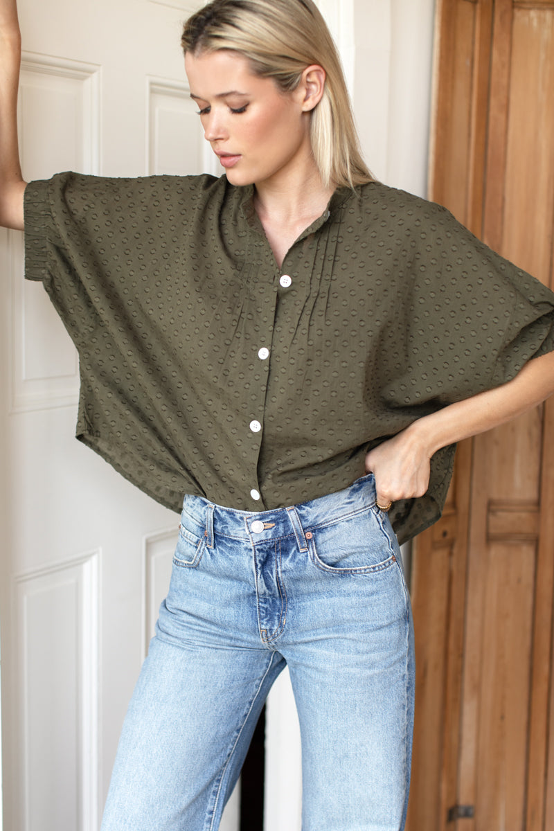 Mandarin Collar Top - Moss Swiss Dot Organic