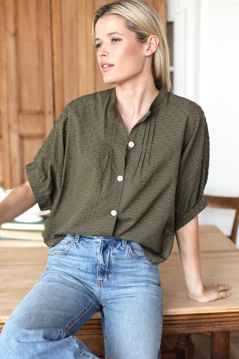 Mandarin Collar Top - Moss Swiss Dot Organic