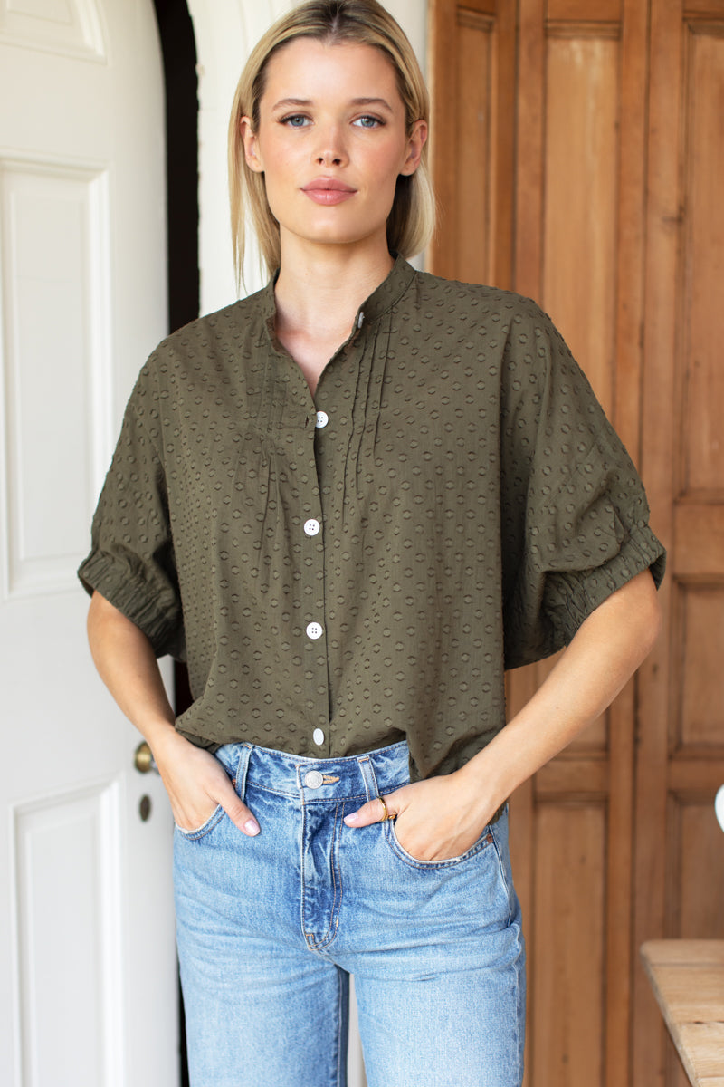 Mandarin Collar Top - Moss Swiss Dot Organic Mandarin Collar Top - Moss Swiss Dot Organic