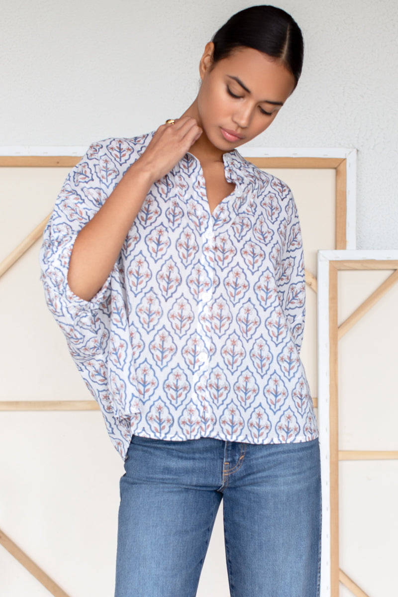 Mandarin Collar Top - Blue Portrait Floral