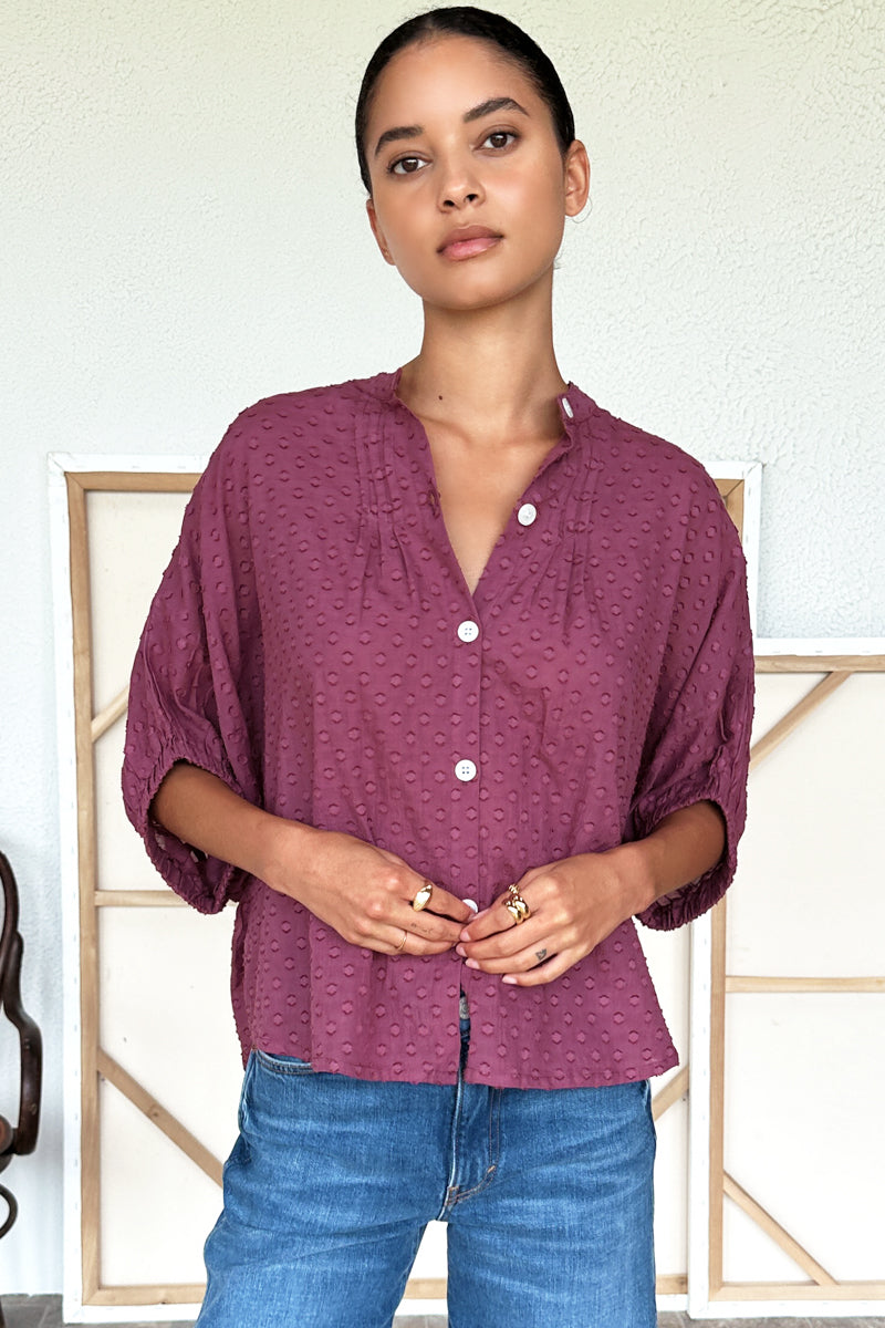 Mandarin Collar Top - Crushed Berry Swiss Dot Organic