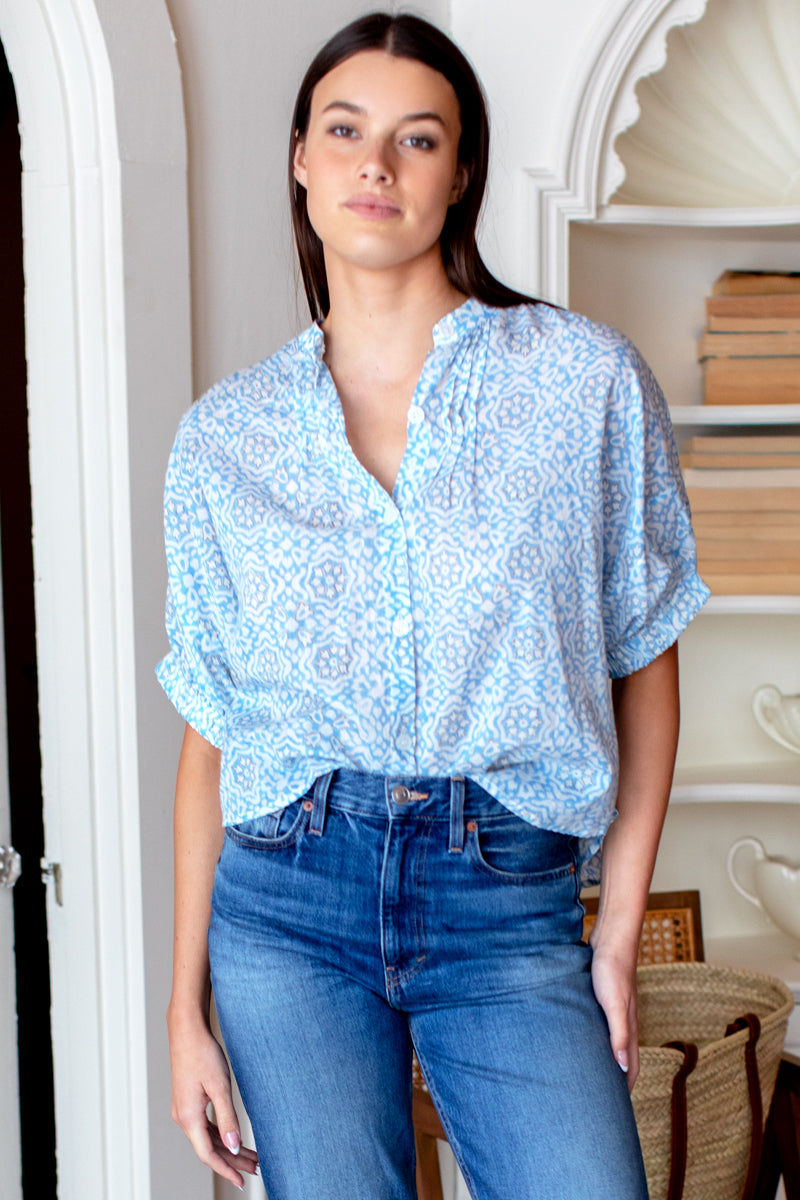 Mandarin Collar Top - Geo Flower Blue Organic - Emerson Fry