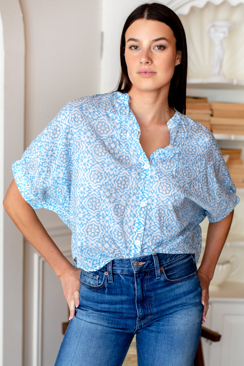 Mandarin Collar Top - Geo Flower Blue Organic