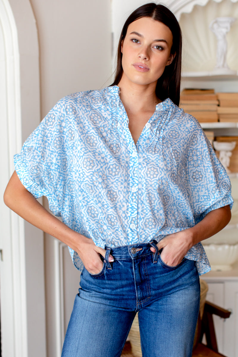 Mandarin Collar Top - Geo Flower Blue Organic