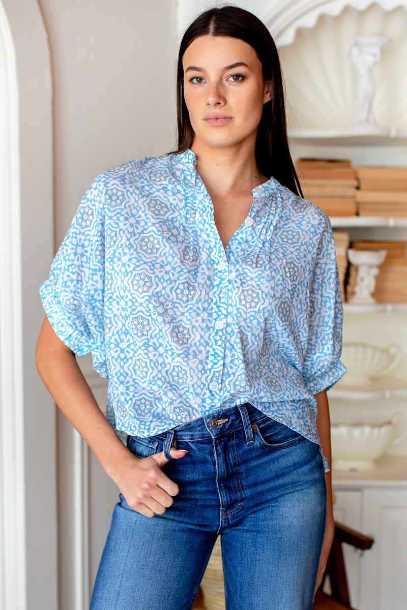 Mandarin Collar Top - Geo Flower Blue Organic