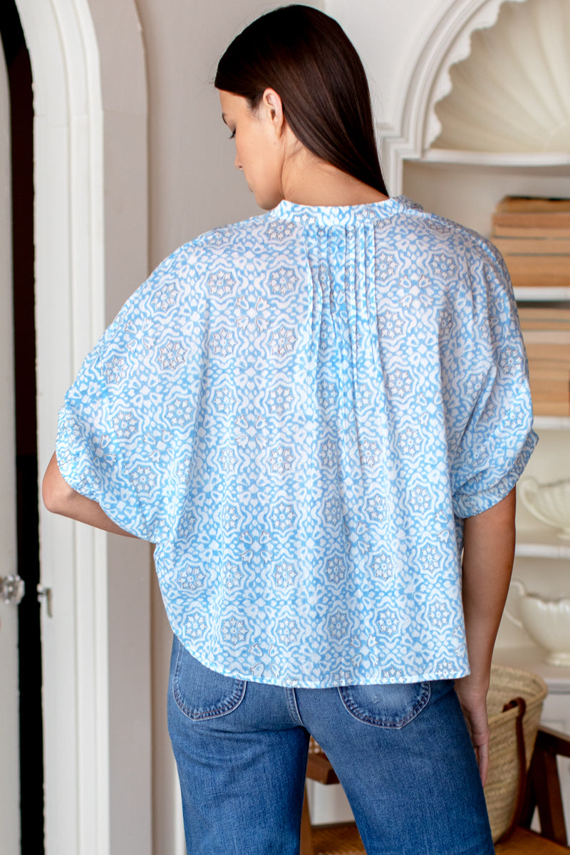 Mandarin Collar Top - Geo Flower Blue Organic