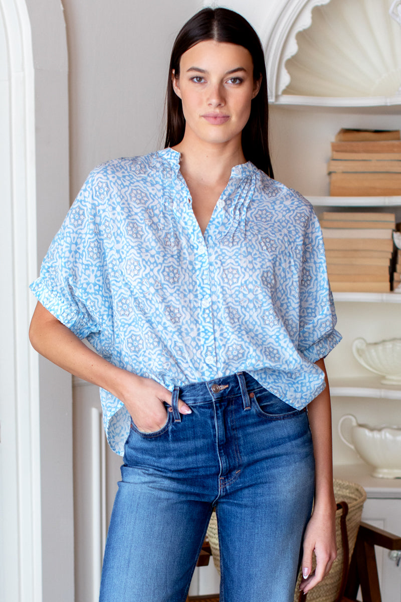 Mandarin Collar Top - Geo Flower Blue Organic