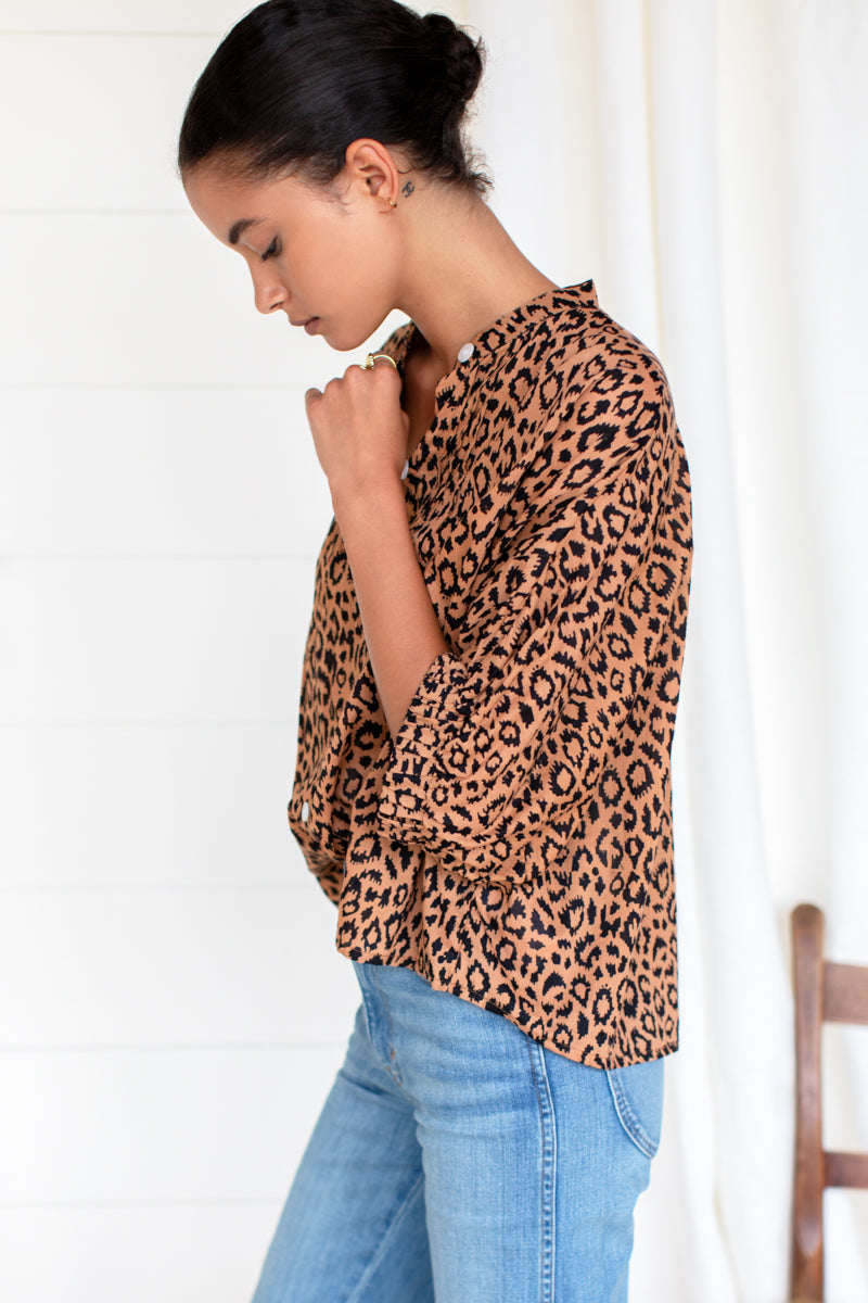 Mandarin Collar Top - Vintage Leopard Organic