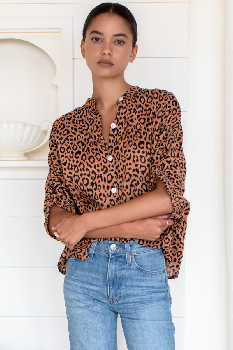 Mandarin Collar Top - Vintage Leopard Organic