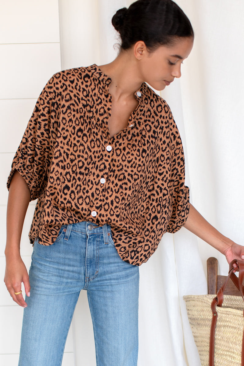 Mandarin Collar Top - Vintage Leopard Organic