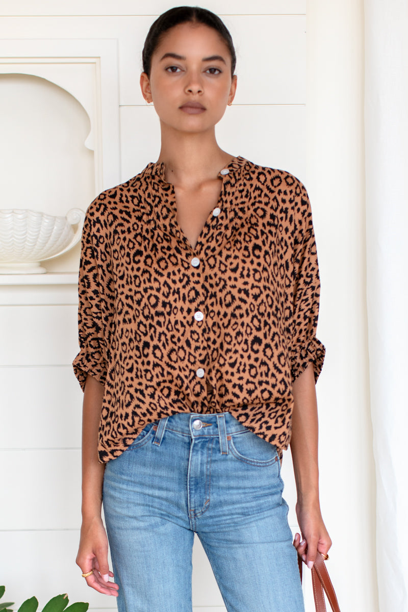 Mandarin Collar Top - Vintage Leopard Organic