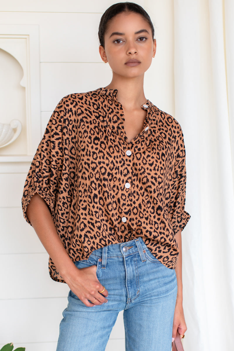 Mandarin Collar Top - Vintage Leopard Organic