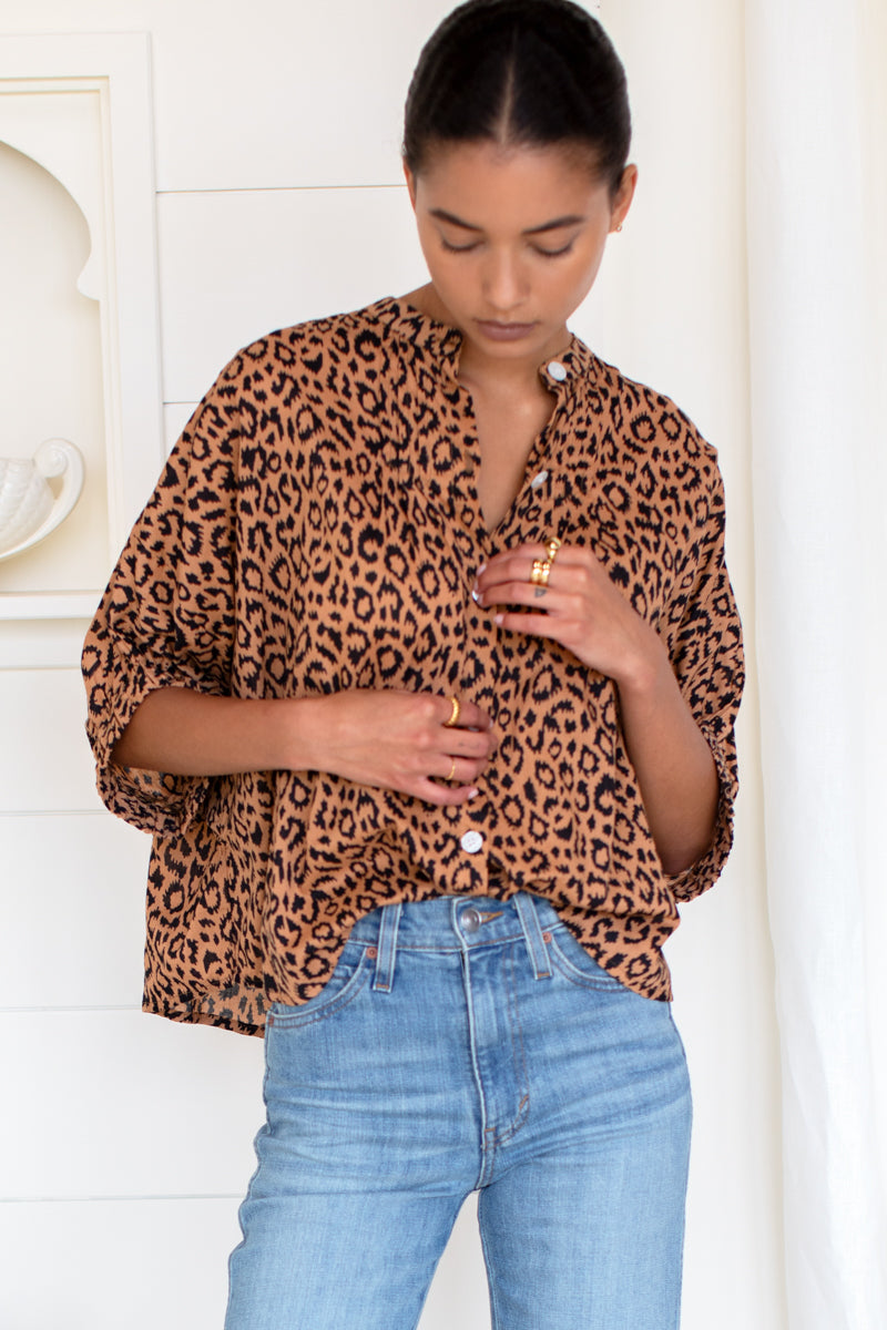 Mandarin Collar Top - Vintage Leopard Organic