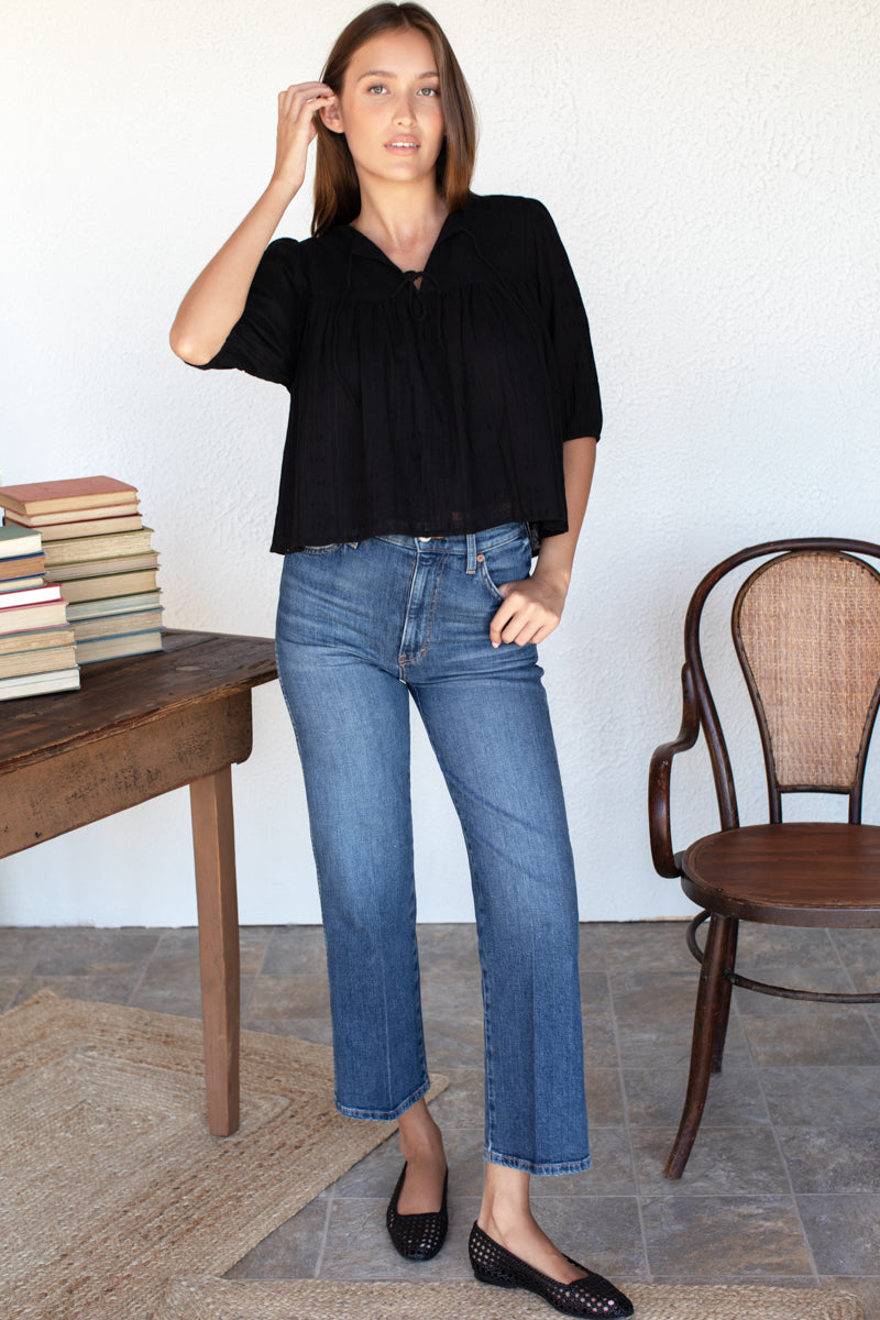 Puff Isla Top - Black Cotton Dobby Jacquard