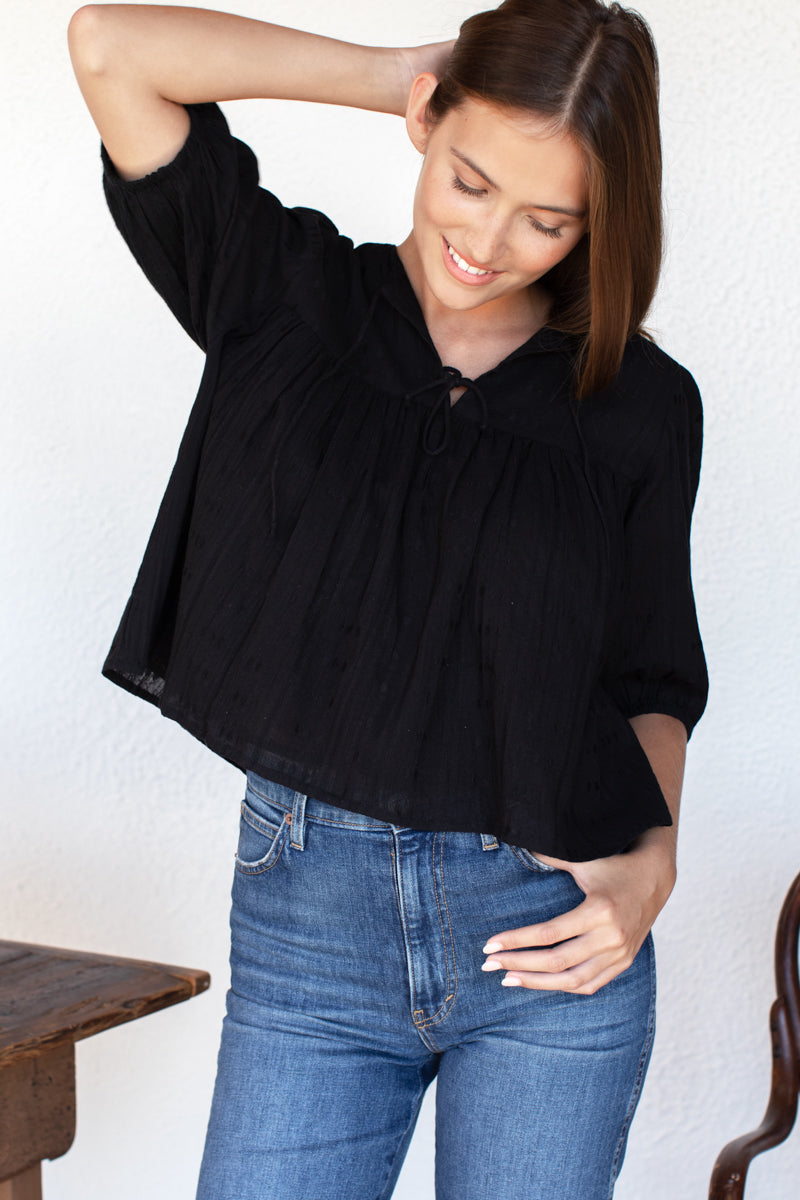 Puff Isla Top - Black Cotton Dobby Jacquard