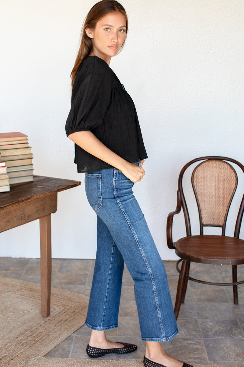 Puff Isla Top - Black Cotton Dobby Jacquard