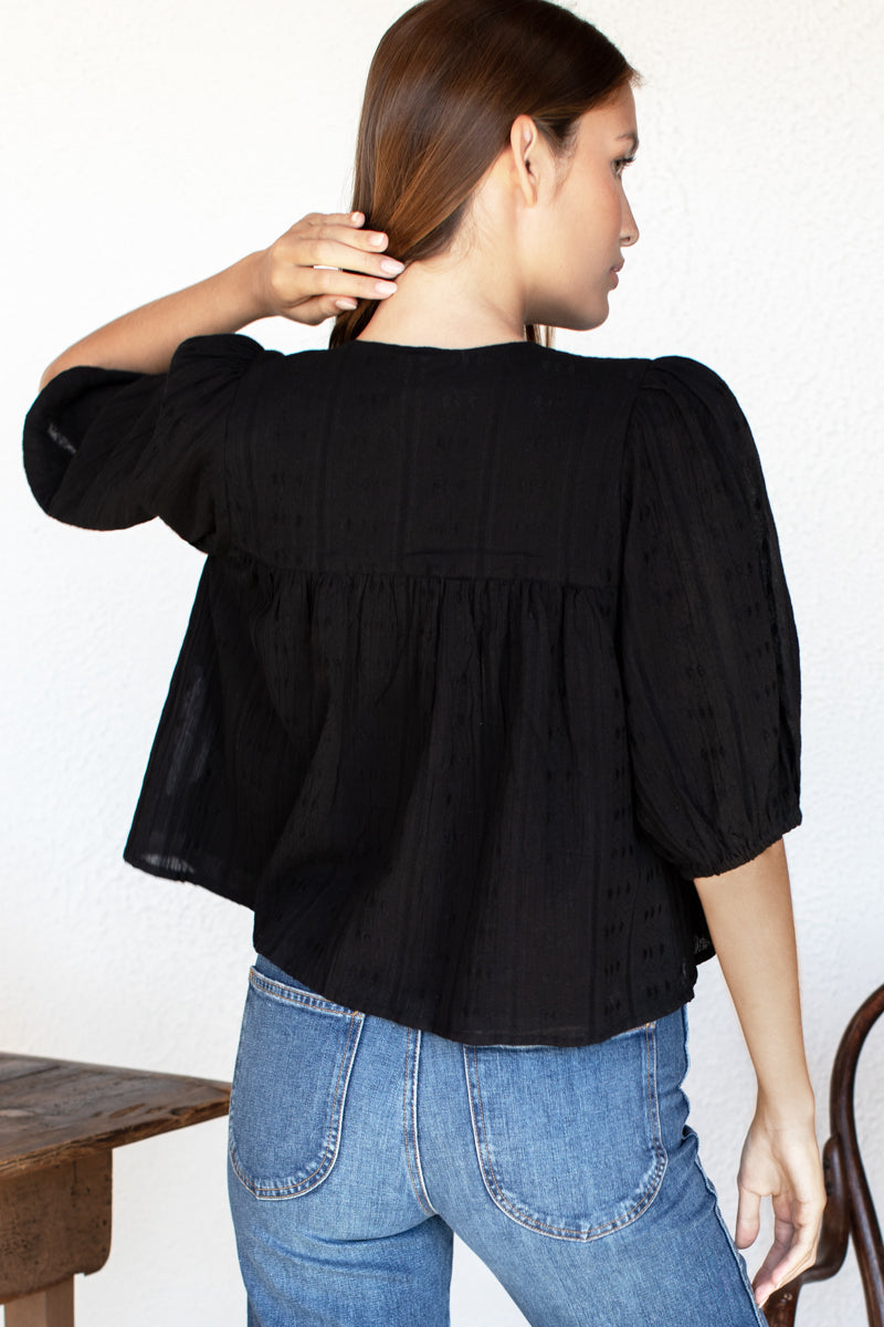 Puff Isla Top - Black Cotton Dobby Jacquard