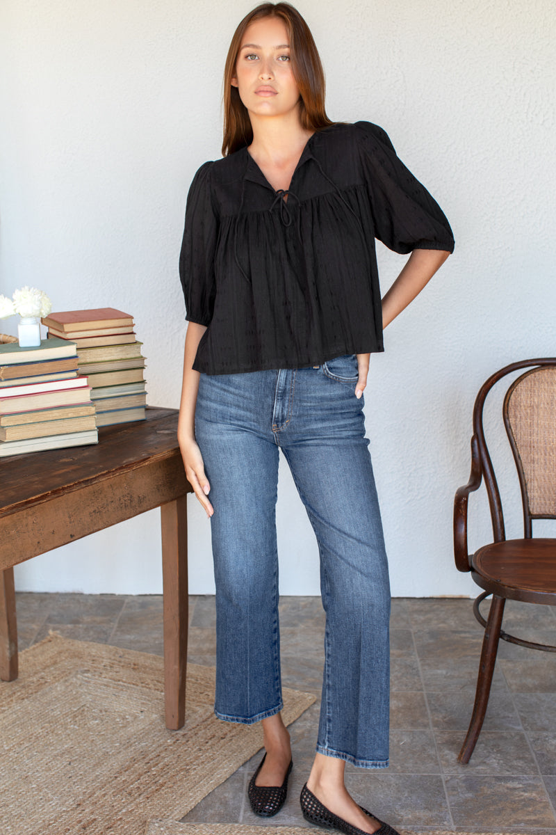Puff Isla Top - Black Cotton Dobby Jacquard