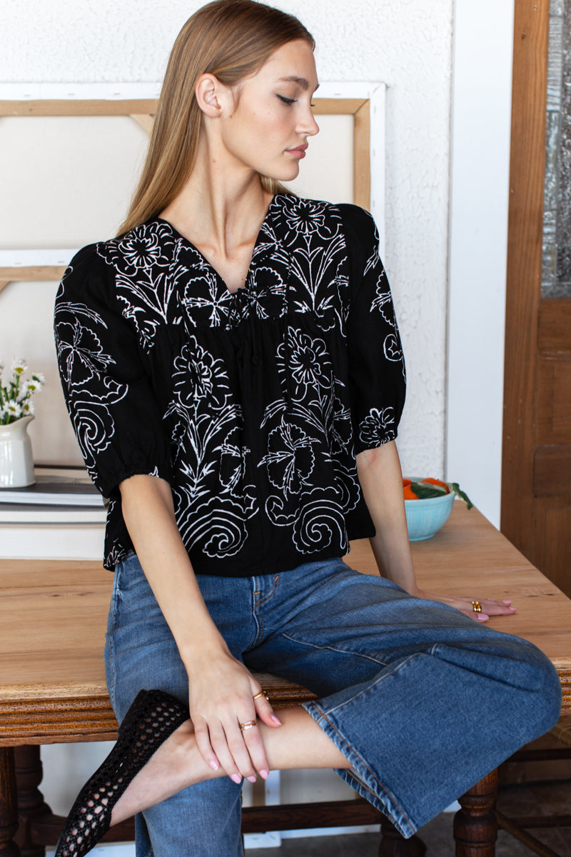 Puff Isla Top - Maeve Outline Black Linen