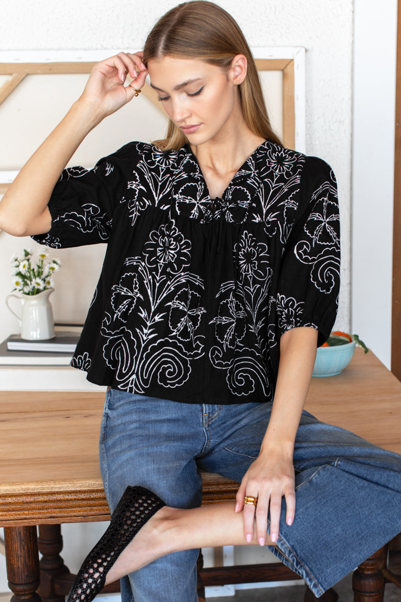 Puff Isla Top - Maeve Outline Black Linen