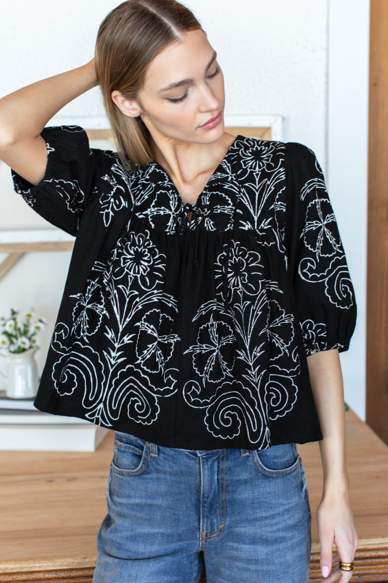 Puff Isla Top - Maeve Outline Black Linen