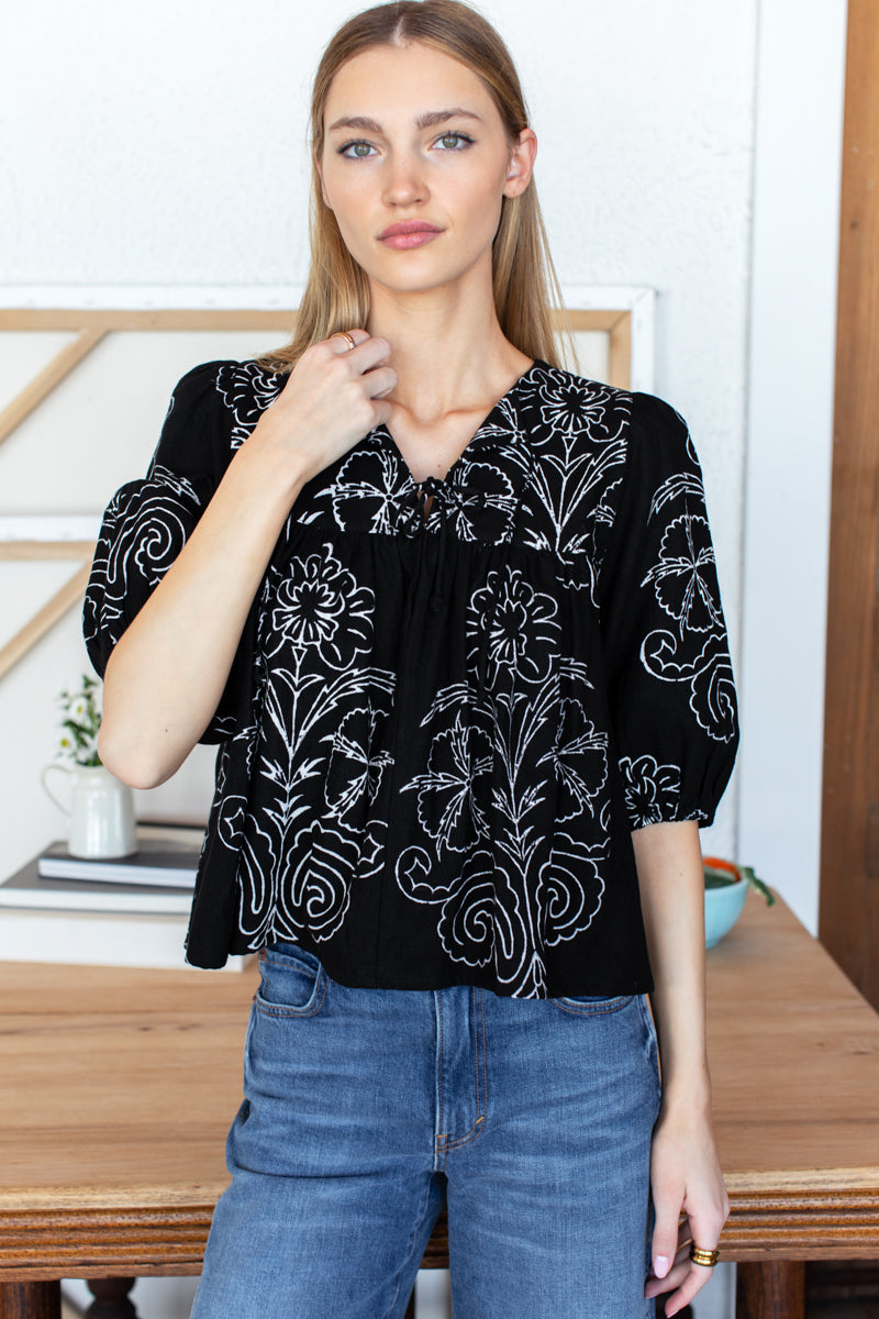 Puff Isla Top - Maeve Outline Black Linen