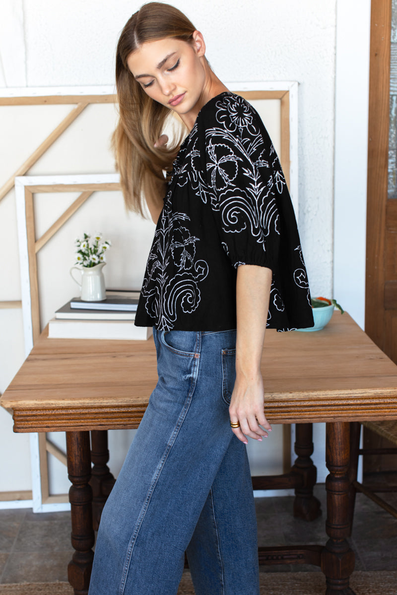 Puff Isla Top - Maeve Outline Black Linen
