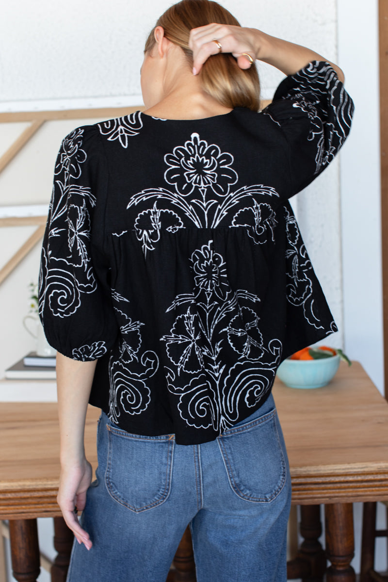 Puff Isla Top - Maeve Outline Black Linen