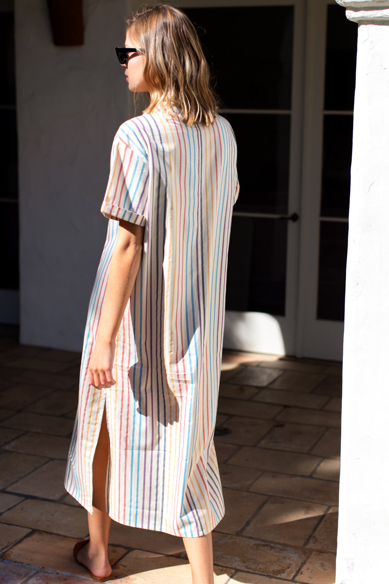 Rolled Sleeve V Caftan - Seville Stripe Agate