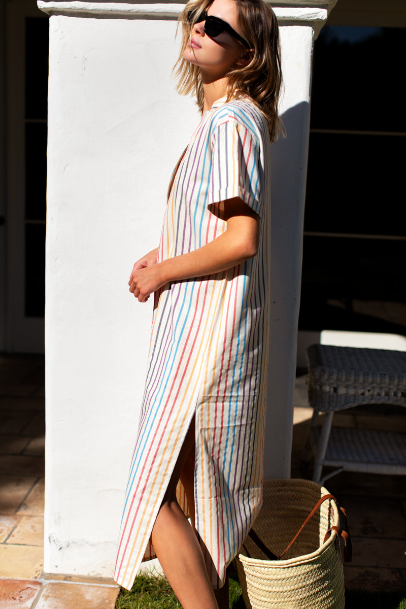 Rolled Sleeve V Caftan - Seville Stripe Agate