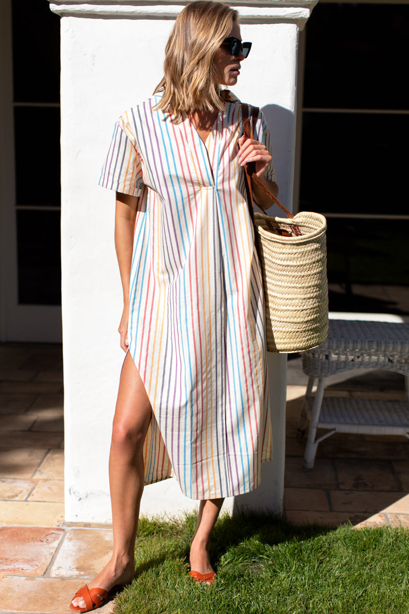 Rolled Sleeve V Caftan - Seville Stripe Agate