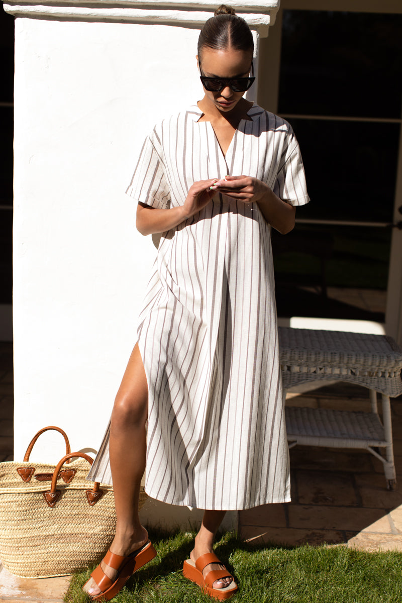 Rolled Sleeve V Caftan - Seville Stripe Walnut