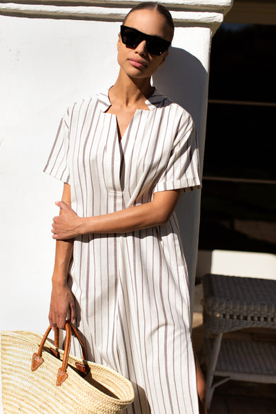 Rolled Sleeve V Caftan - Seville Stripe Walnut
