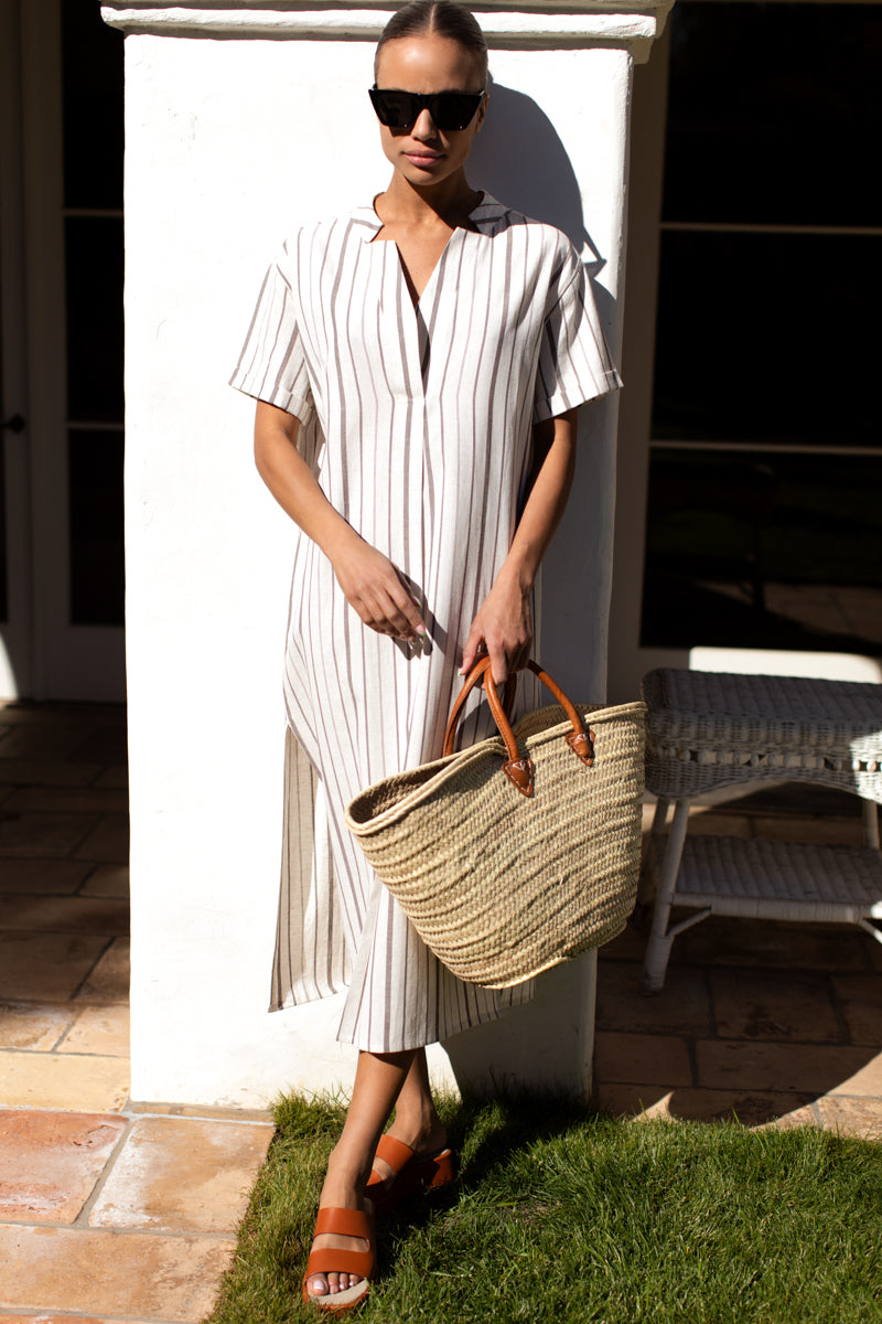 Rolled Sleeve V Caftan - Seville Stripe Walnut